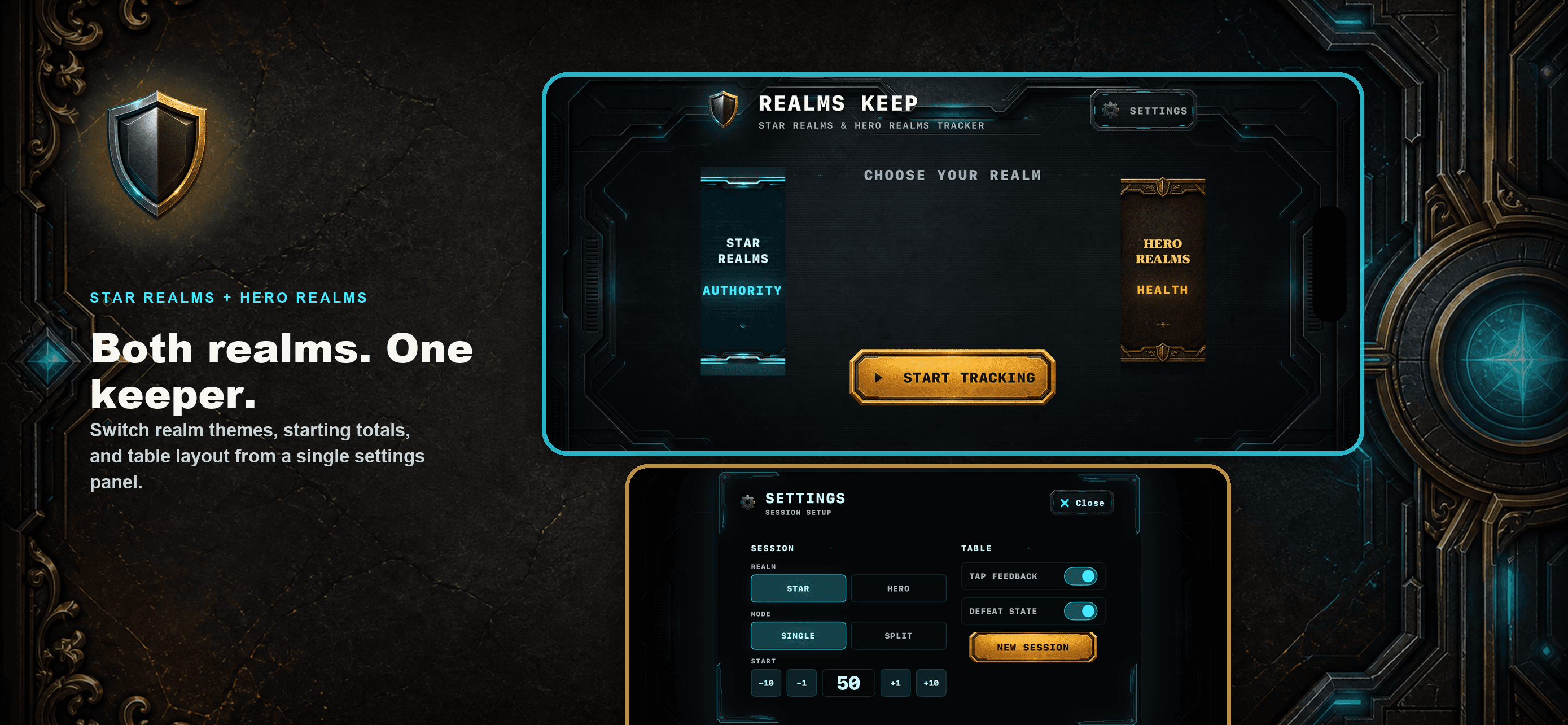 Realms Keep artwork showing Star Realms and Hero Realms support.