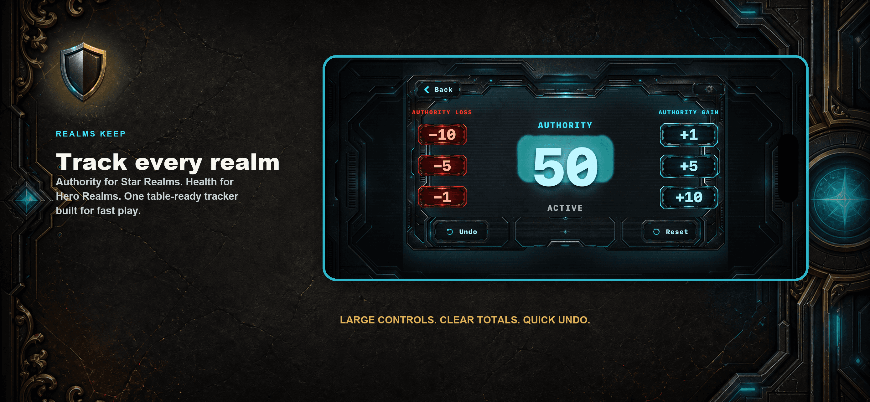 Realms Keep App Store artwork showing the app as a table-ready Star Realms and Hero Realms tracker.
